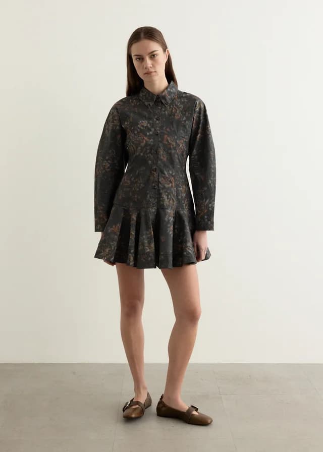 Ganni Printed Stretch Cotton Buttoned Mini Dress in Phantom 252, image 1 of 1 from Incu