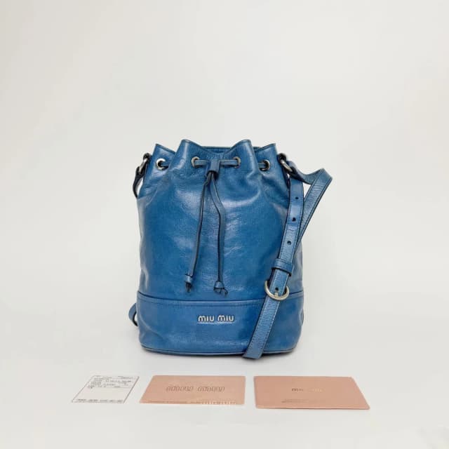 Miu Miu Vitello Shine Drawstring Shoulder Bag Leather Blue Silver Vintage in Blue Leather from The Reluxe, photo 1 of 1