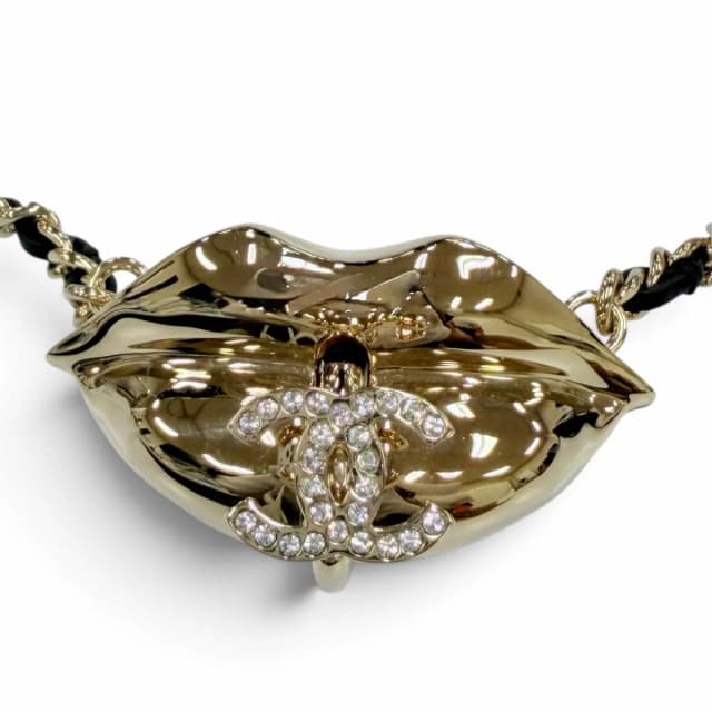 Chanel CC Logo Lip Motif Rhinestone Mirror Chain Necklace Gold Black in Black from The Reluxe, photo 1 of 1