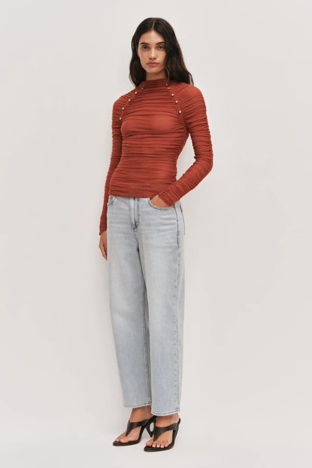 AJE Carline Gathered Mesh Top in BURNT ORANGE, image 1 of 1 from Aje