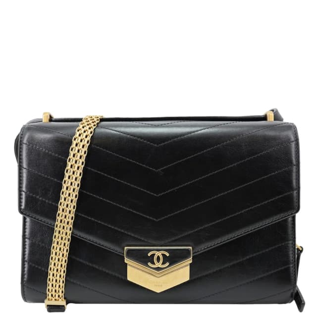 Chanel Medal Flap Calfskin Chevron Quilted Leather Shoulder Bag Black in Black Calfskin from Dallas Designer Handbags, photo 1 of 1