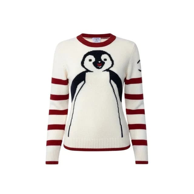 Chanel Knit Sweater Penguin Print Crew Neck Wool Ivory Red 42 in White Wool from The Reluxe, photo 1 of 1