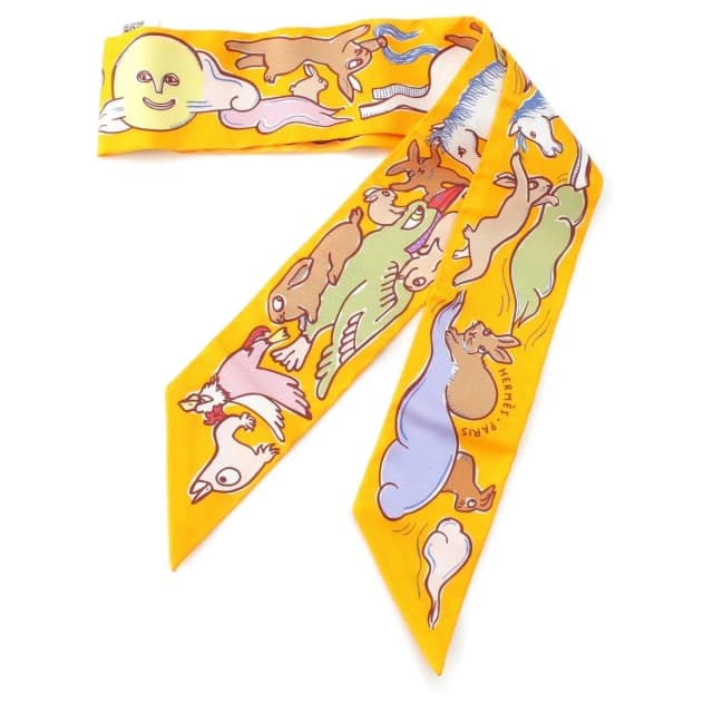 Hermès Twilly Silk Mille Et Un Lapins Thousand and One Rabbit Scarf Yellow in Yellow Silk from The Reluxe, photo 1 of 1