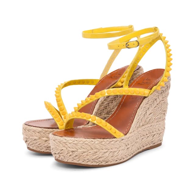 Christian Louboutin Mafaldina Zeppa Studded Wedges in Yellow Raffia from Blue Spinach, photo 1 of 1