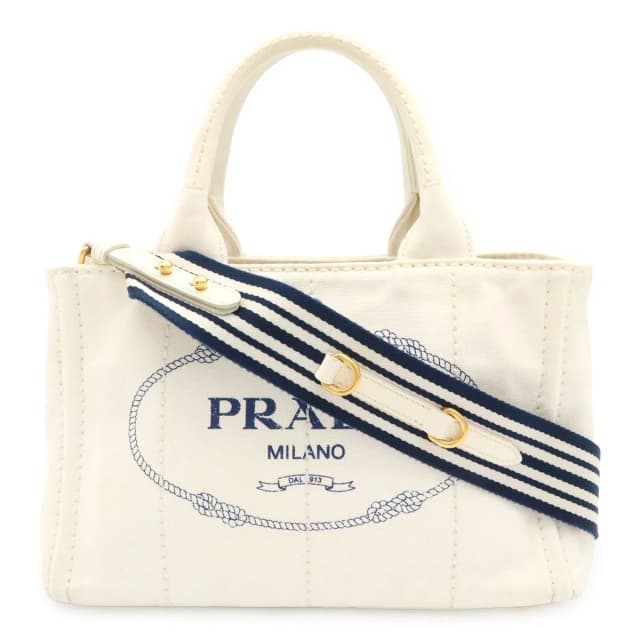 Prada Canapa Tote 2-Way Shoulder Bag Striped Canvas White Navy Gold in White Canvas from The Reluxe, photo 1 of 1