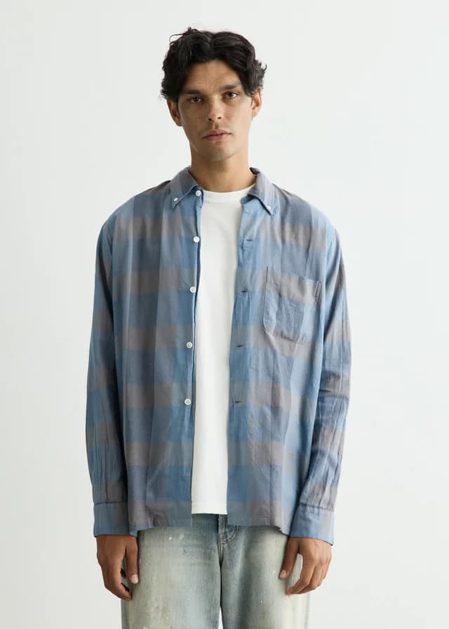 Beams Plus Open B.D. Indigo Panama Weave Plaid Shirt in INDIGO 78, image 1 of 1 from Incu