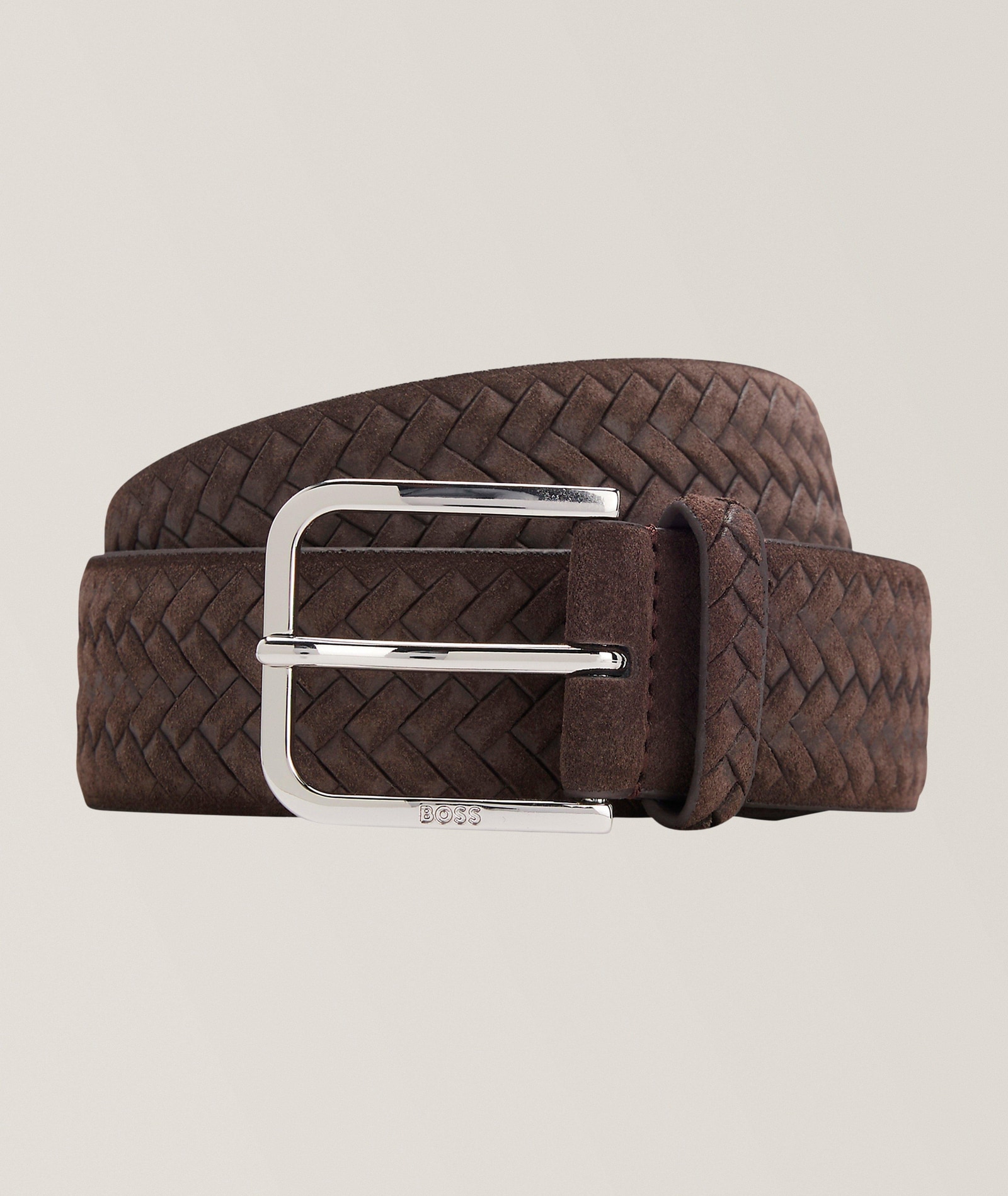 BOSS Madison Woven-Pattern Suede Belt in Brown, image 1 of 1 from Harry Rosen