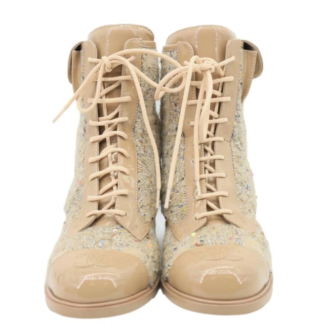 Chanel Tweed Patent Leather Combat Boots Tan Size 37.5 in Brown Patent leather from Dallas Designer Handbags, photo 1 of 1