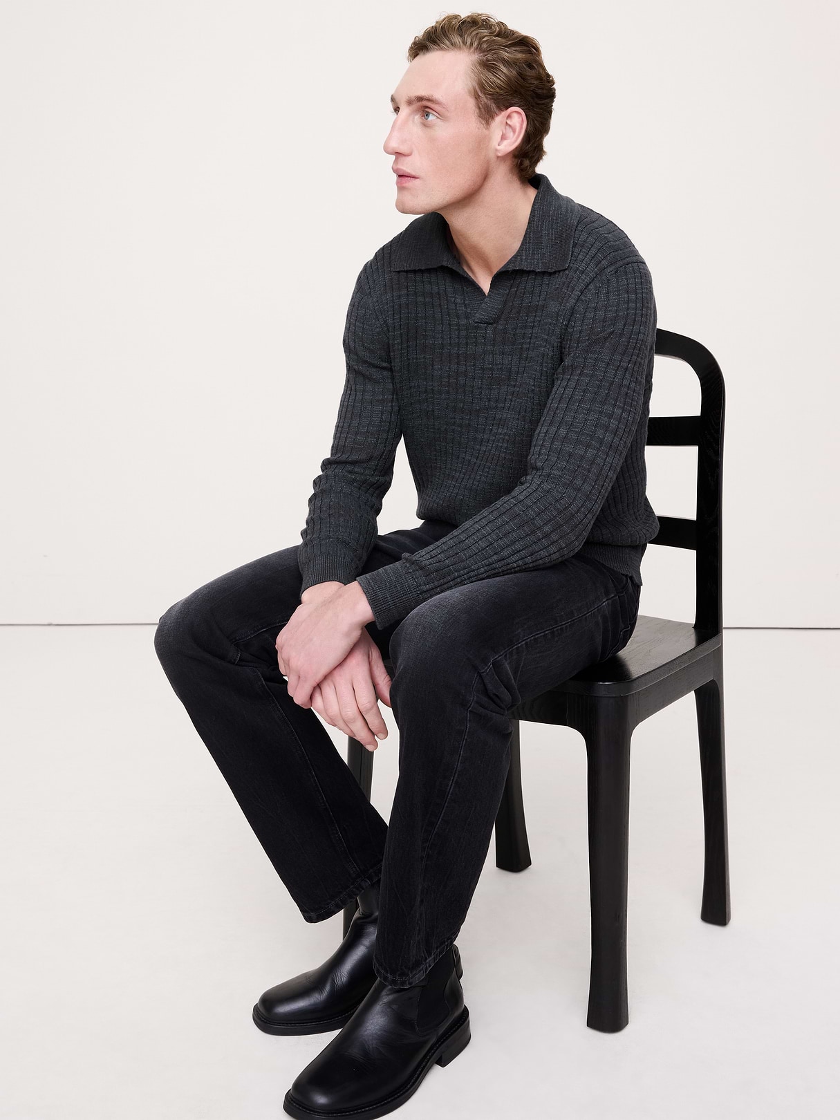 Banana Republic Linen-Cotton Slub Sweater Polo in Washed Black, image 1 of 1 from Banana Republic (US)