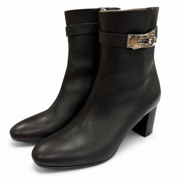Hermès Saint Germain Silver Kelly Buckle Side Zip Leather Short Boots Black in Black Leather from The Reluxe, photo 1 of 1