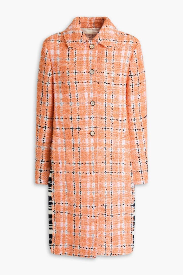 Marni Checked Cotton-Blend Tweed and Ribbed-Knit Coat in Orange, image 1 of 1 from THE OUTNET