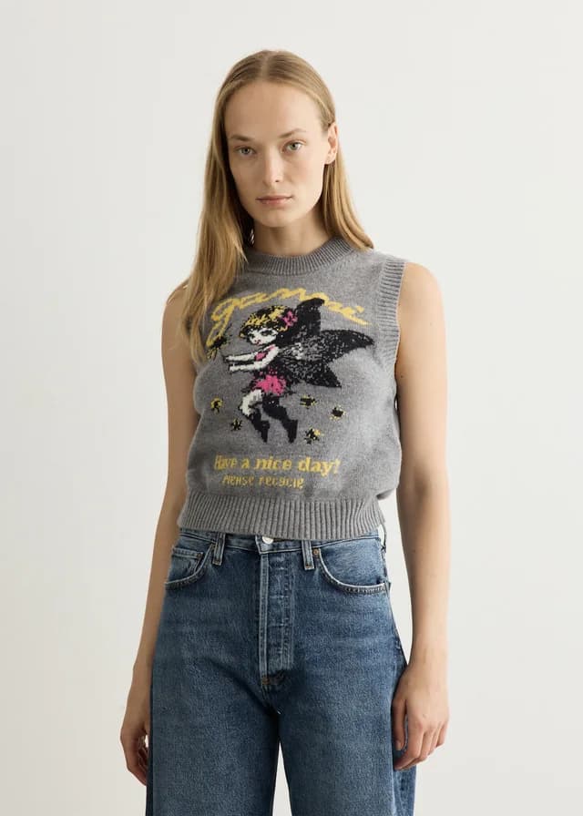 Ganni Graphic Wool Vest in Paloma 920, image 1 of 1 from Incu