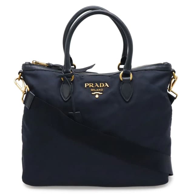 Prada Tote Shoulder Bag 2-Way Nylon Leather Navy Gold in Navy Nylon from The Reluxe, photo 1 of 1