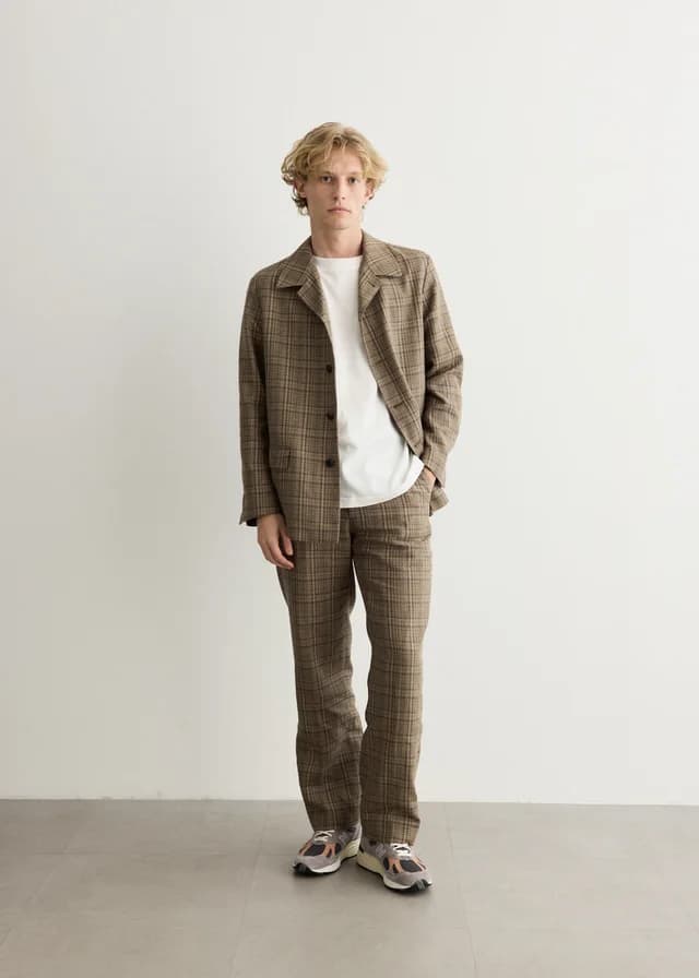 Auralee Silk Ninen Nep Check Slacks in DARK BROWN CHECK, image 1 of 1 from Incu