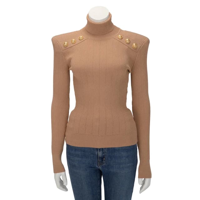 Balmain Ribbed Structured Shoulder Turtleneck Top FR 38 in Bronze from Blue Spinach, photo 1 of 1