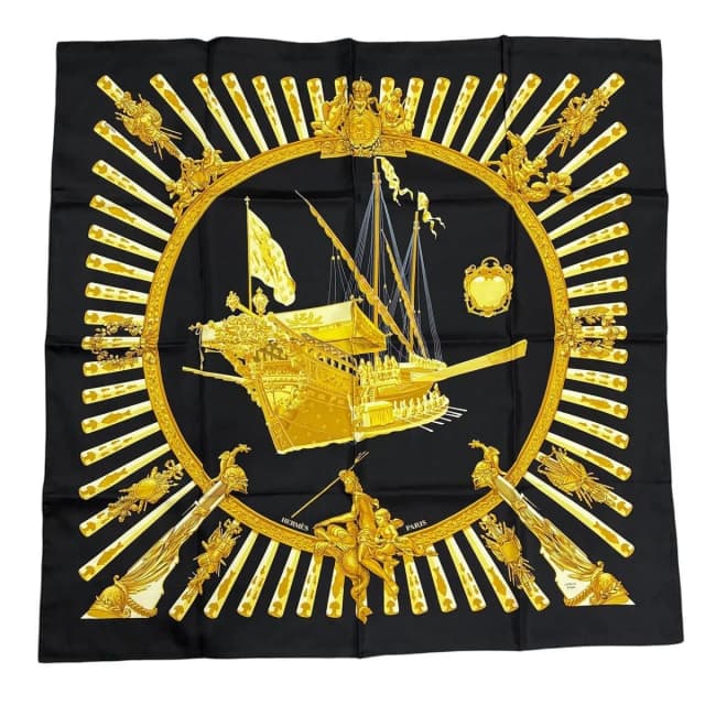 Hermès Scarf Carre 90 la Marine Rames Navy Ship Pattern 100% Silk Black in Black Silk from The Reluxe, photo 1 of 1