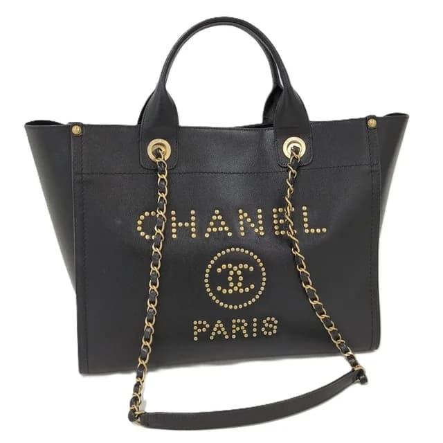 Chanel Deauville 2-Way Tote Bag Studs Chain Shoulder Leather Black in Black Leather from The Reluxe, photo 1 of 1