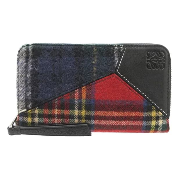 Loewe Puzzle Tartan Check Zip Around Wool Leather Multicolor Wallet Red Navy in Red Wool from The Reluxe, photo 1 of 1