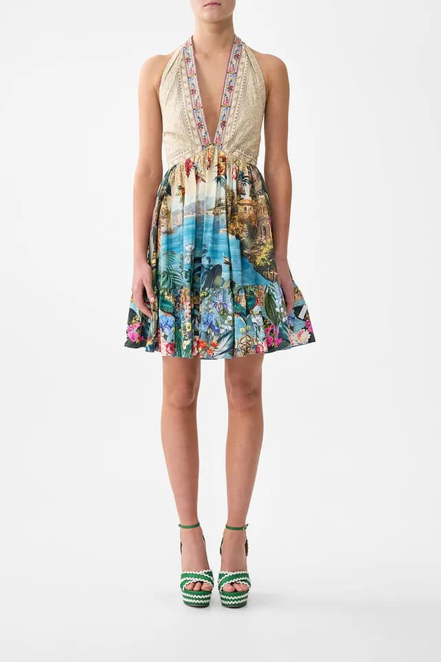Camilla eBoutique RUFFLE HEM HALTER SHORT DRESS BODRUM BOTANICALS, image 1 of 1 from CAMILLA