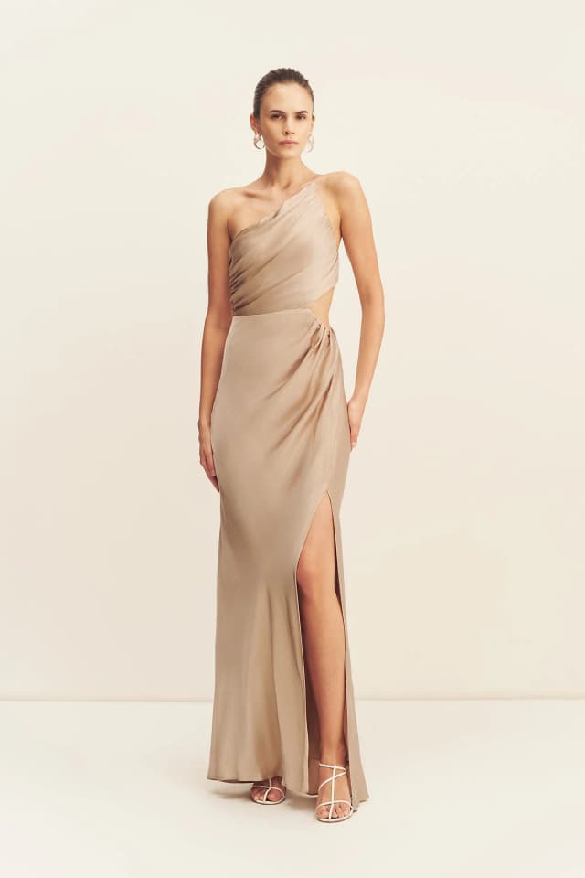 Shona Joy LA LUNE ASYMMETRICAL GATHERED MAXI DRESS - GOLD, image 1 of 1 from Shona Joy
