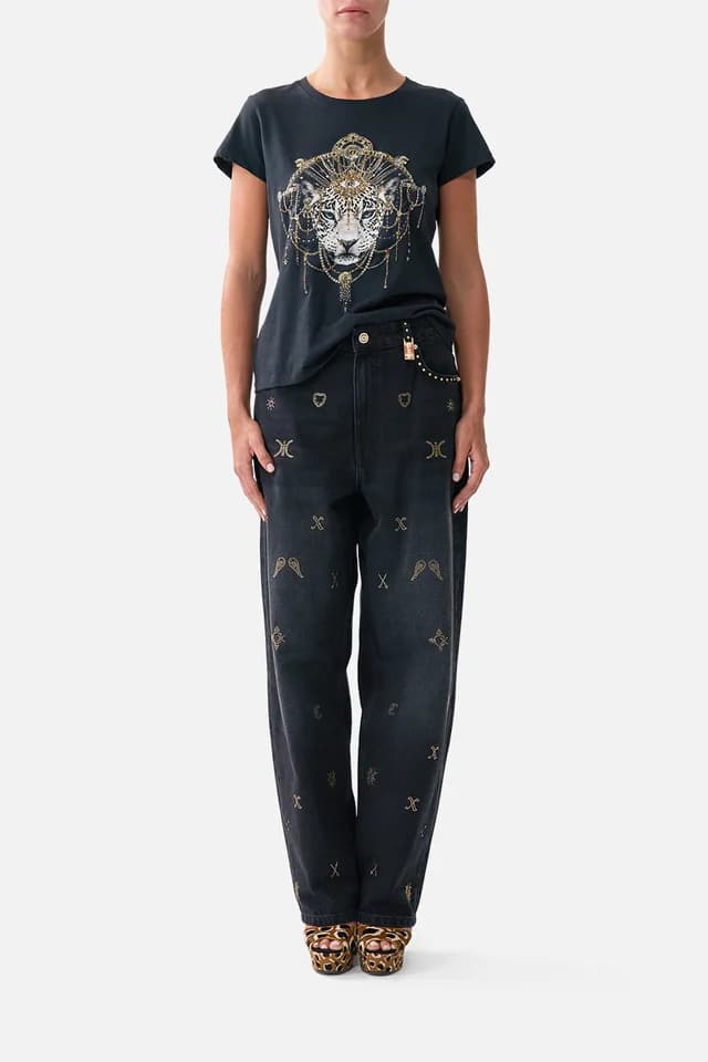 Camilla eBoutique SLIM FIT ROUND NECK T-SHIRT - BLACK FELINE FOLKLORE, image 1 of 1 from CAMILLA