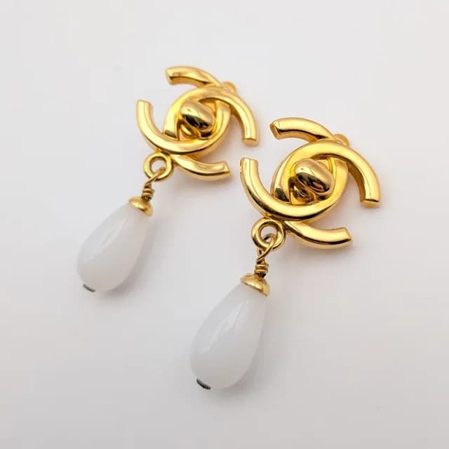 Chanel 95P Earrings CC Logo Turnlock Gold Faux Pearl Drop Swing Vintage in Gold from The Reluxe, photo 1 of 1