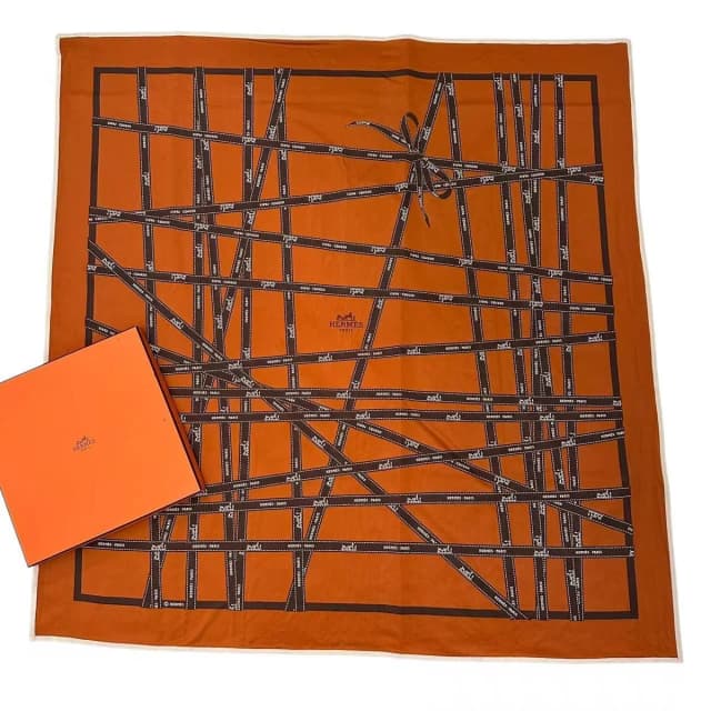 Hermès Scarf Carre 90 Silk Bolduc Ribbon Pattern Orange in Orange Silk from The Reluxe, photo 1 of 1