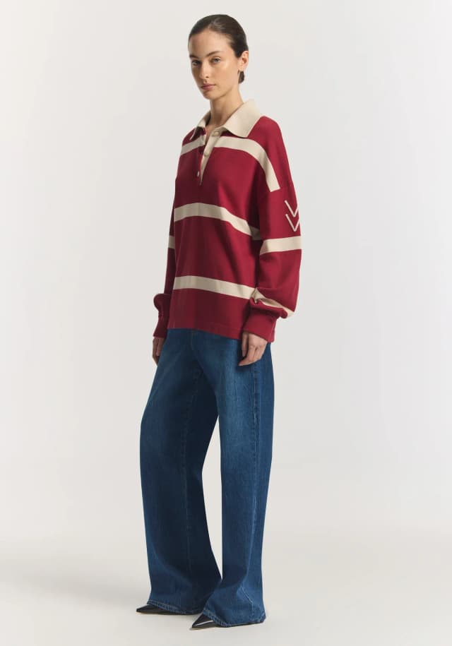 VIKTORIA & WOODS Rival Polo Knit in SCARLET STRIPE, image 1 of 1 from Viktoria & Woods