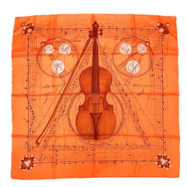 Hermès Carre 90 la Musique Des Spheres Music Played By Orange Violin Silk Scarf in Orange Silk from The Reluxe, photo 1 of 1