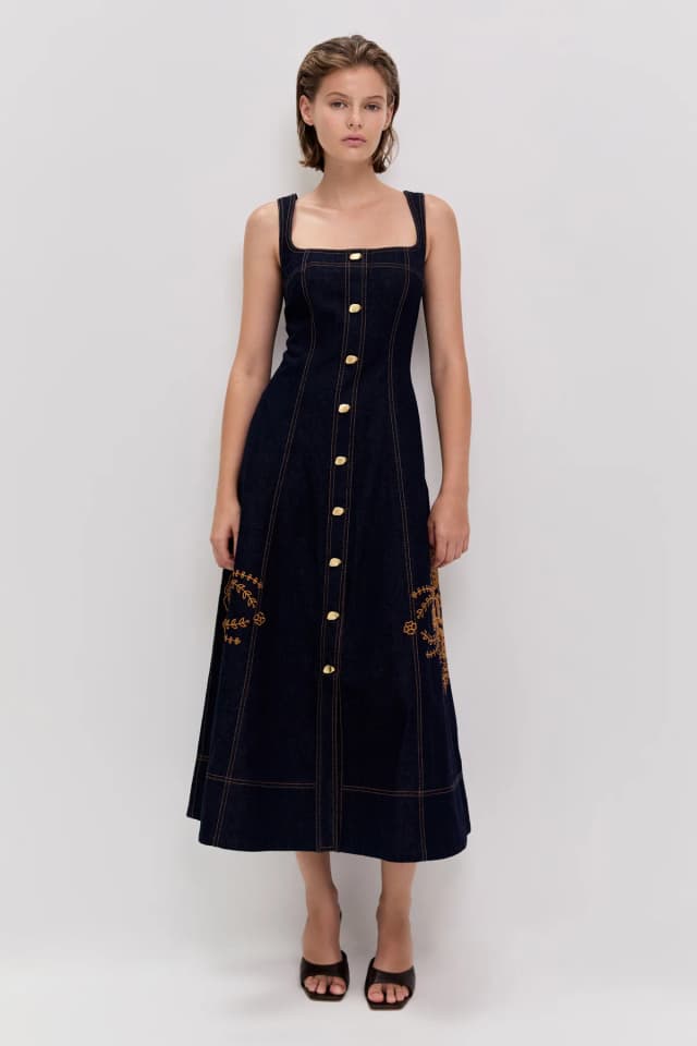 AJE Elora Denim Midi Dress in INDIGO, image 1 of 1 from Aje
