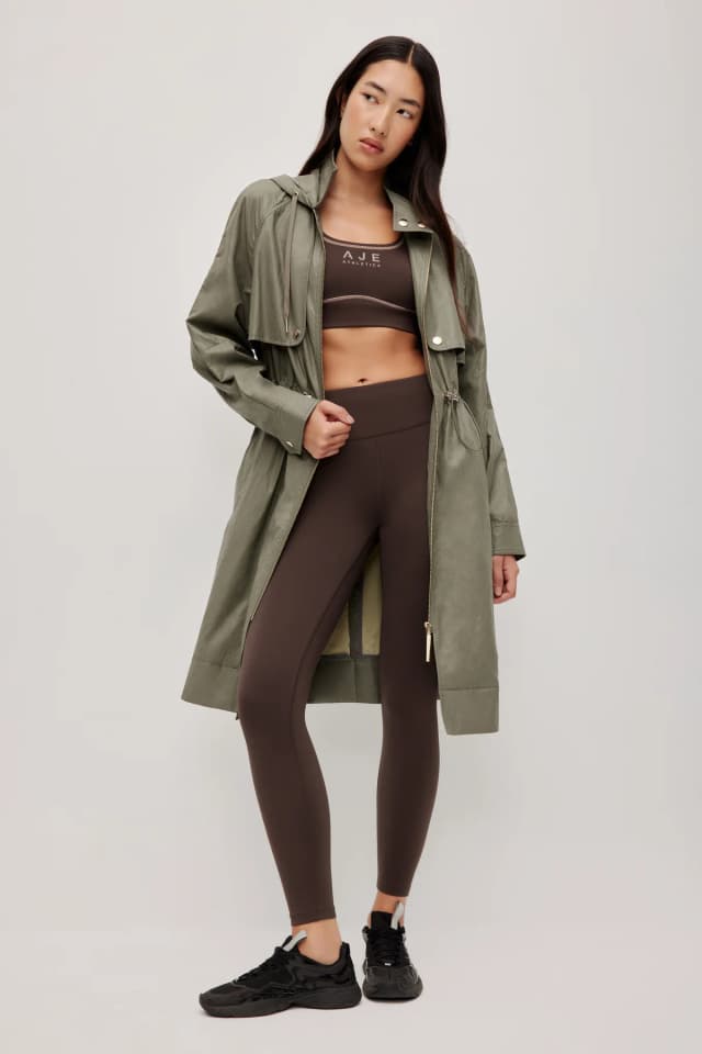 Athletica Drawcord Hooded Trench Coat in KHAKI FLOW, image 1 of 1 from Aje
