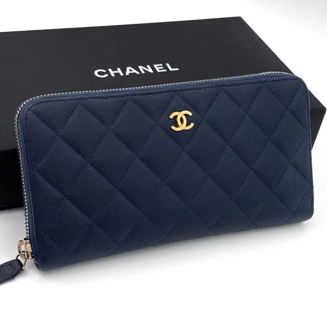 Chanel Quilted Caviar Leather Zip Around Wallet Navy in Navy Caviar leather from The Reluxe, photo 1 of 1