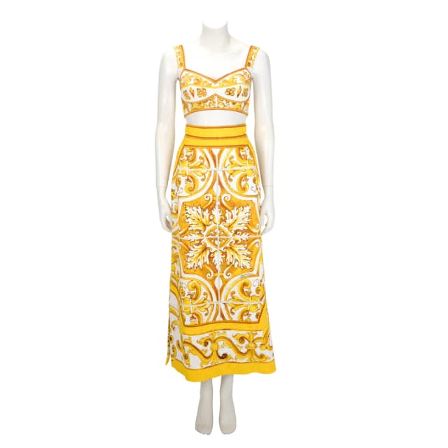 Dolce & Gabbana Cotton Majolica Print Top & Skirt | Top: IT 40, Skirt: IT 38 in Yellow from Blue Spinach, photo 1 of 1