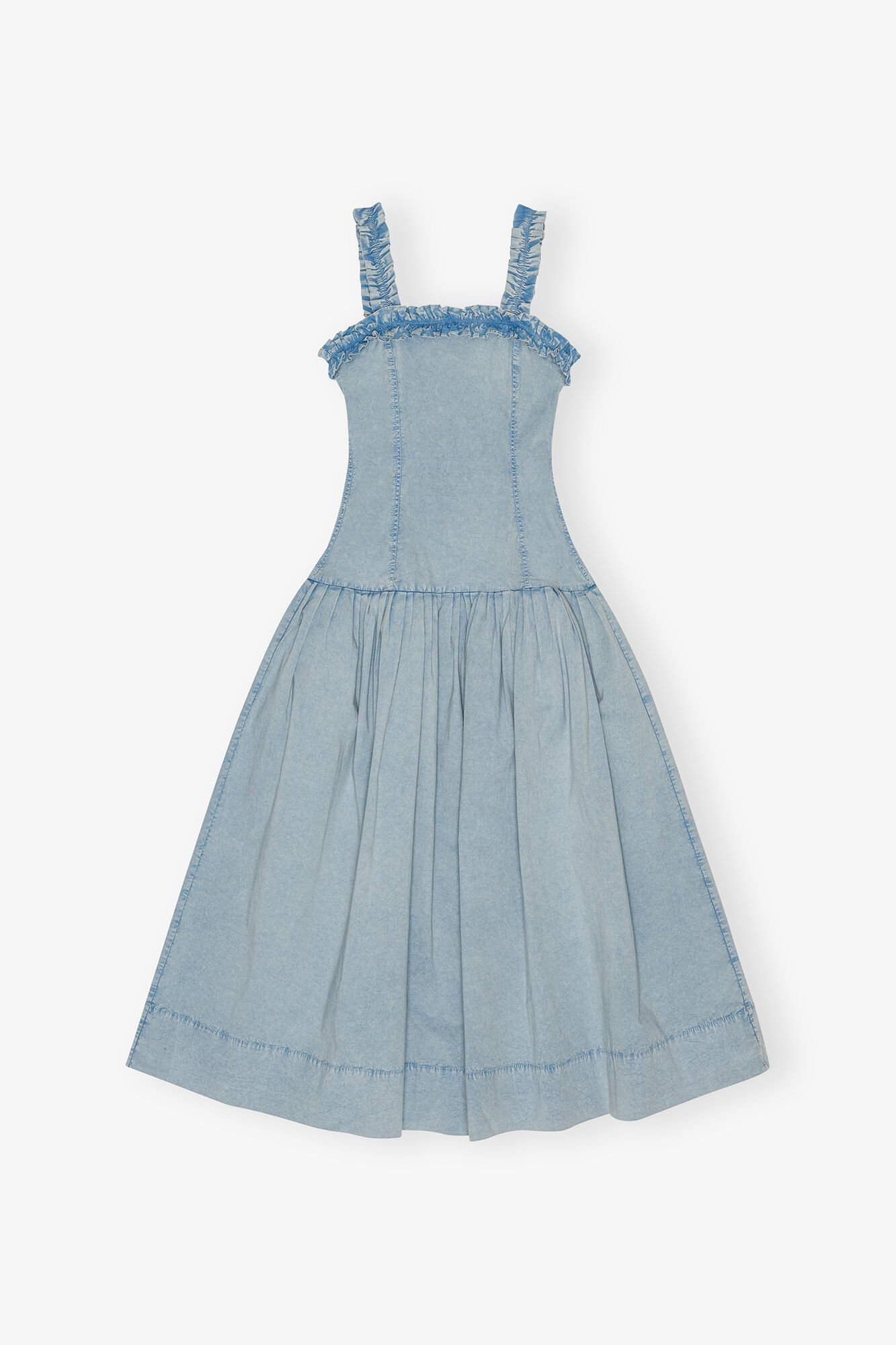 GANNI Blue Washed Stretch Cotton Corset Dress in Soft Chambray 97% cotton, 3% elastane, image 1 of 1 from GANNI (US)