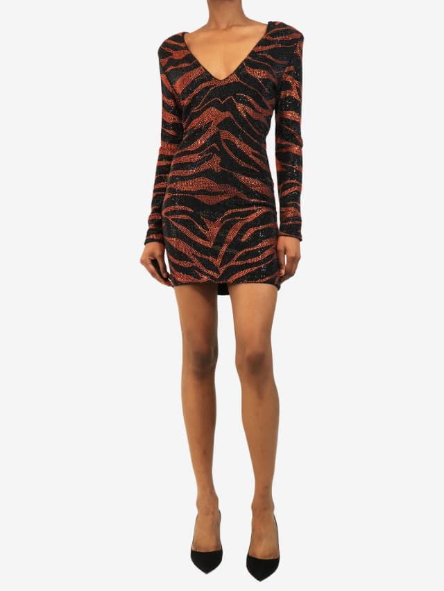 Balmain Black and orange Resort 2016 sequined tiger print mini dress - size UK 8 in Black from Sign of the Times, photo 1 of 1