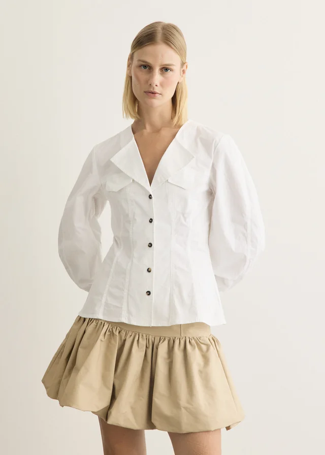 Ganni V-Neck Long Sleeve Shirt in Bright White 151, image 1 of 1 from Incu