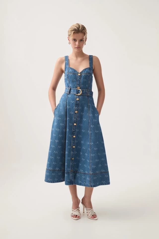 AJE Ratio Logo Denim Midi Dress in LOGO WASH, image 1 of 1 from Aje