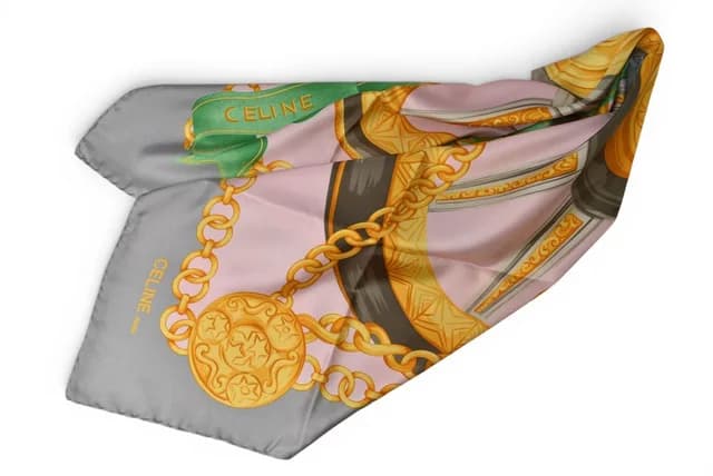 Celine Scarf Vintage Carriage Wheel Silk Silver Pink in Pink Silk from The Reluxe, photo 1 of 1
