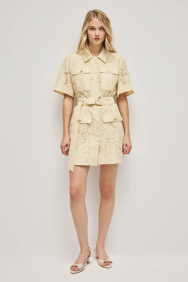 AJE Mystic Lace Mini Shirt Dress in PASTEL YELLOW, image 1 of 1 from Aje