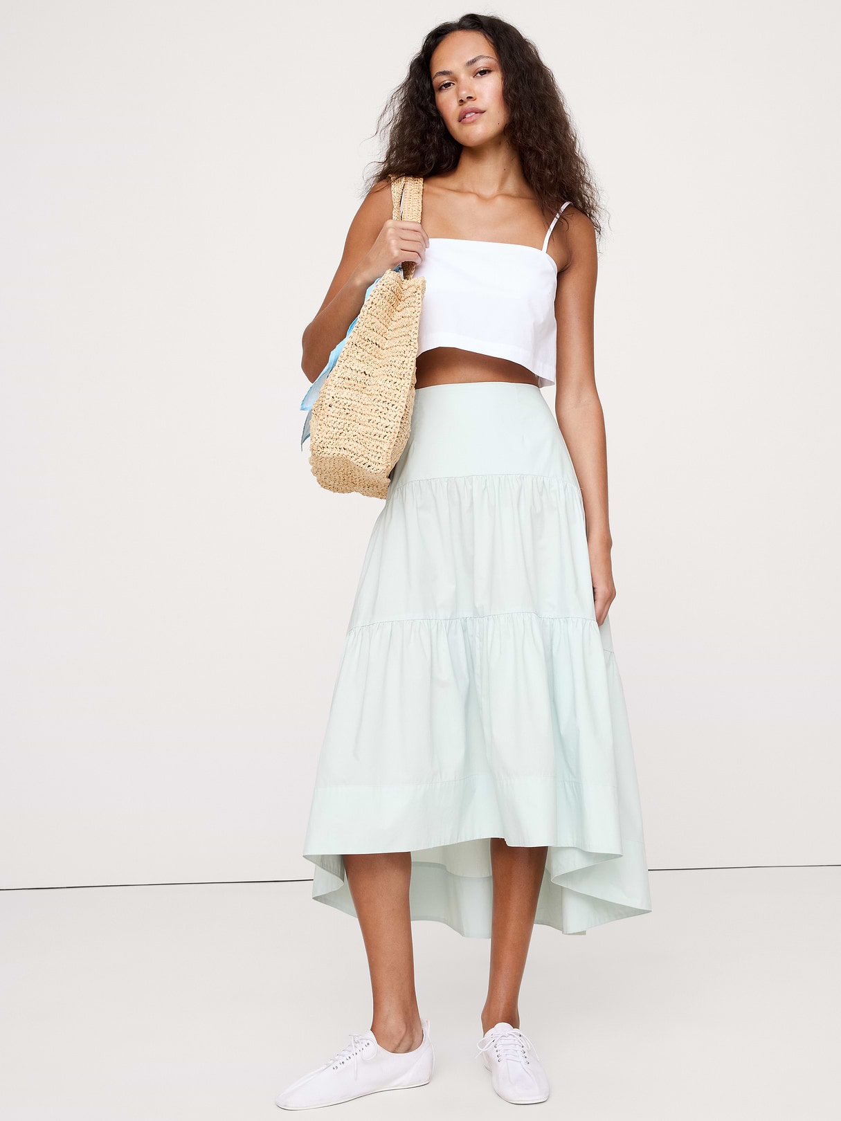 Banana Republic Cotton Poplin Drop-Waist Tiered Skirt in Blue Reflection, image 1 of 1 from Banana Republic (US)