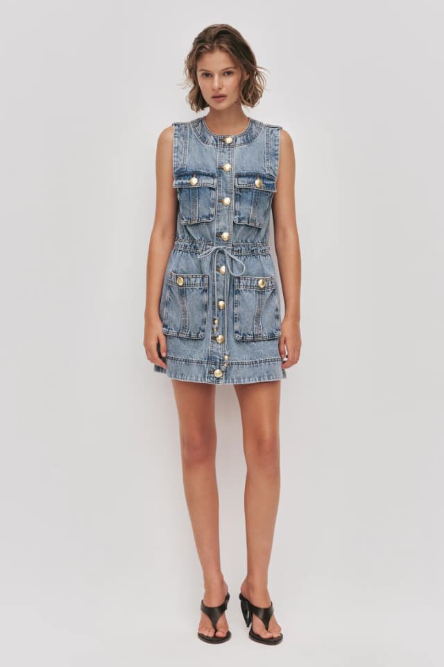 AJE Goldie Denim Mini Dress in OCEAN WASH, image 1 of 1 from Aje