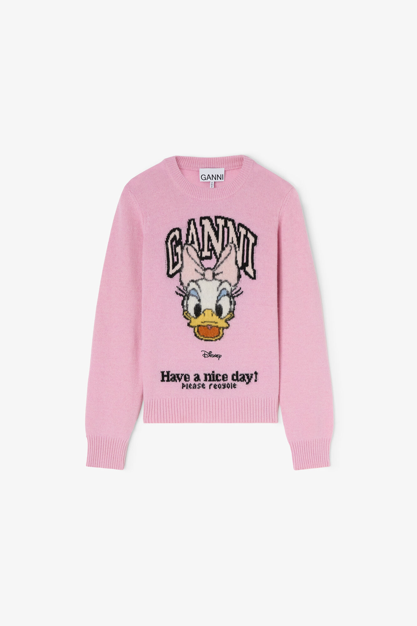 GANNI x Disney Daisy Duck Graphic Wool Sweater in Chalk Pink 42% Wool, 30% Recycled Wool, 17% Recycled Polyamide, 7% Alpaca, 4% Polyamide, image 1 of 1 from GANNI (US)
