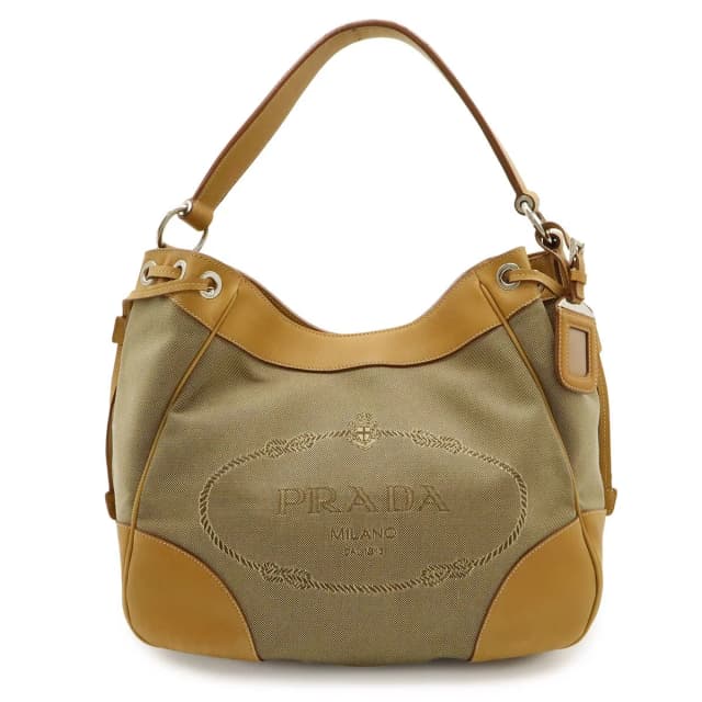 Prada Logo Jacquard Shoulder Bag Single Crossbody Canvas Leather Khaki Beige in Beige Canvas from The Reluxe, photo 1 of 1