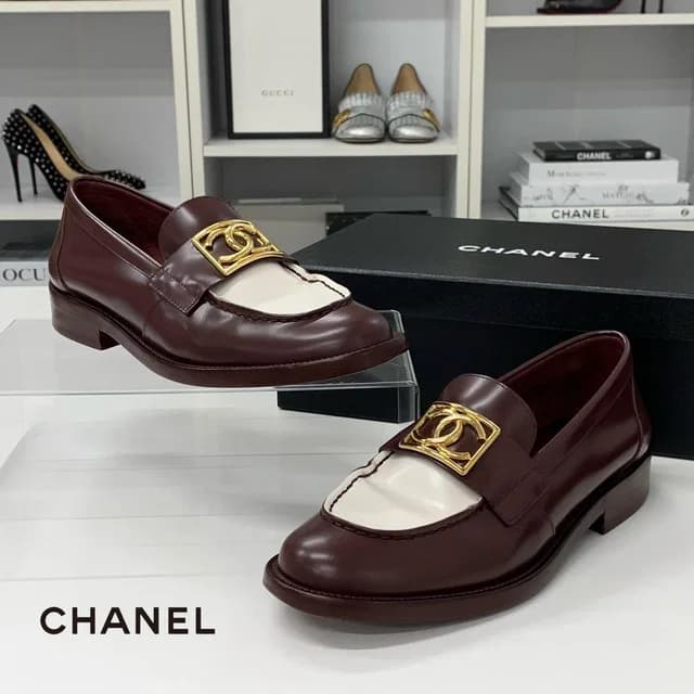 Chanel CC Logo Leather Loafers Burgundy White in White Leather from The Reluxe, photo 1 of 1