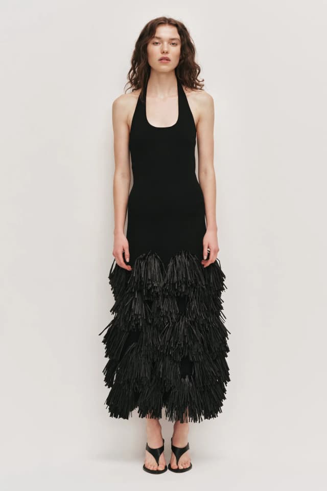 AJE Elva Raffia Knit Midi Dress in BLACK, image 1 of 1 from Aje