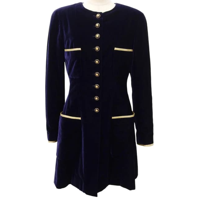 Chanel 1993 Velour CC mark button-no-collar long jacket #40 Navy/Gold from VINTAGE QOO TOKYO, photo 1 of 1