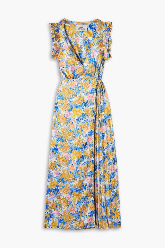 Kika Vargas Liana Pleated Ruffled Floral-Print Satin Wrap Dress in Yellow, image 1 of 1 from THE OUTNET