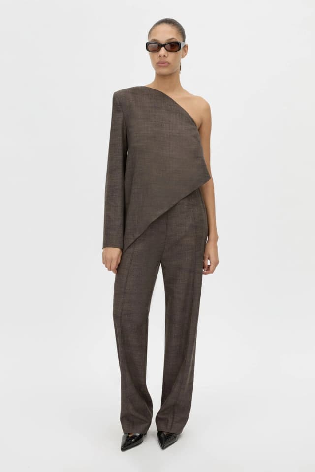 C&M CAMILLA AND MARC SALE Verna Asymmetric Shoulder Top in choc texture, image 1 of 1 from Camilla and Marc