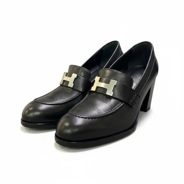 Hermès I8 Moccasins Dauphin Heels Loafers H Black Leather in Black Leather from The Reluxe, photo 1 of 1