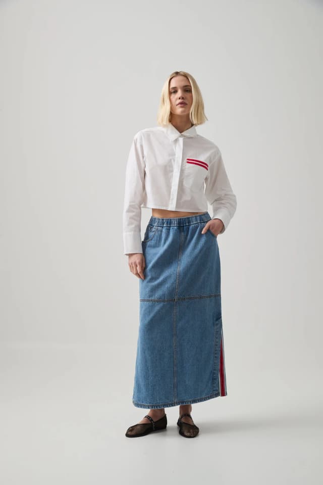 Athletica Longline Denim Skirt in COASTSIDE BLUE, image 1 of 1 from Aje